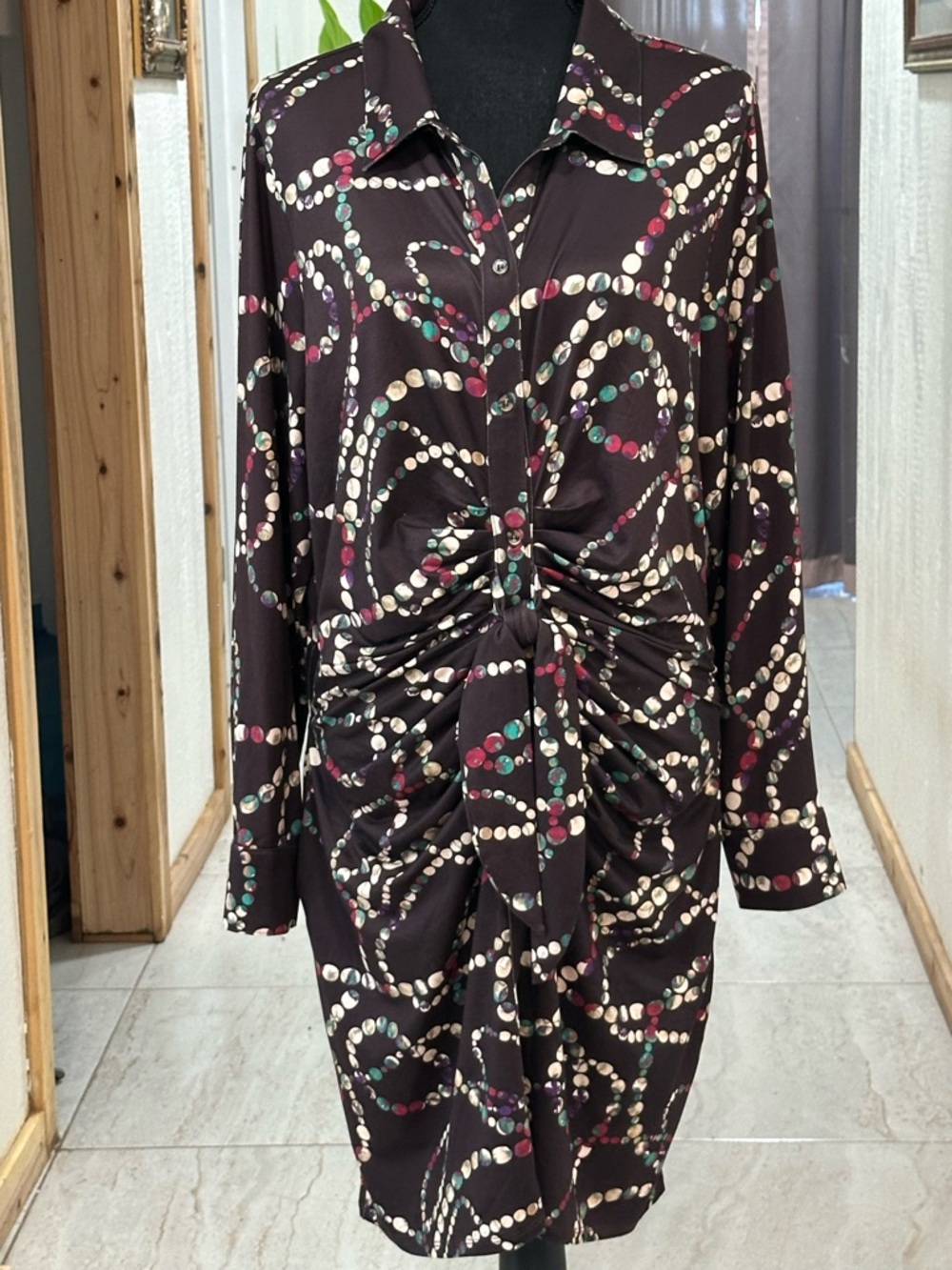 Cato Long-Sleeve Brown Shirt Dress with Multicolor Dot Chain Print